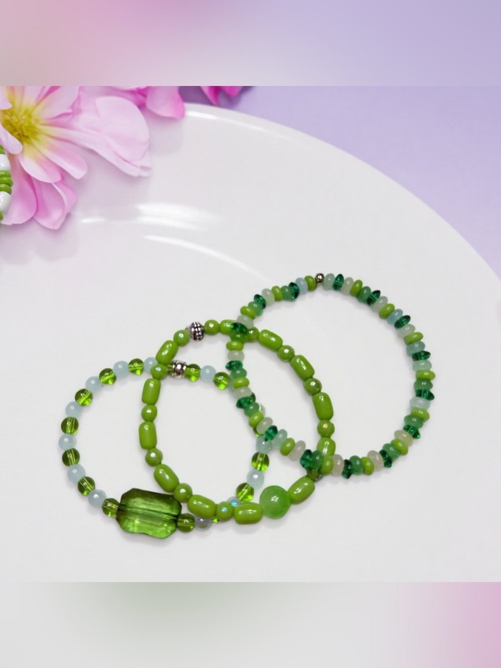 Hand Crafted Lime Green Beaded Stretch Bracelet Trio